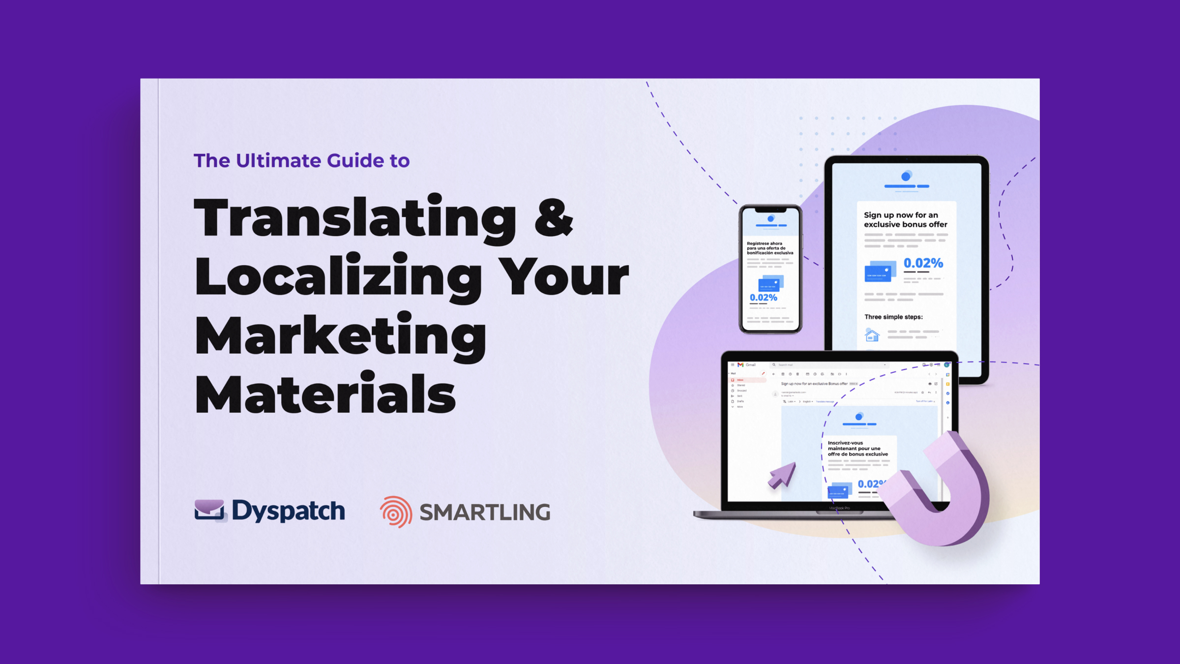 Image illustrant le livre électronique numérique de Smartling et Dyspatch, Traduire et localiser vos supports marketing. Traduisez des sites Web, des e-mails, des publicités numériques, des articles de blog et bien plus encore avec Smartling Language Services.