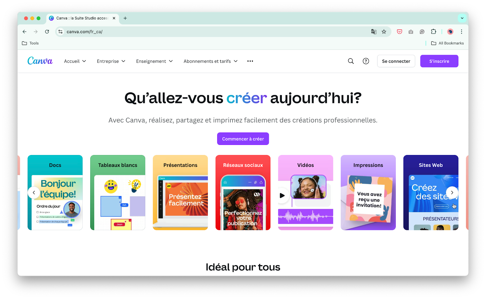 Page d'accueil de Canva en français canadien