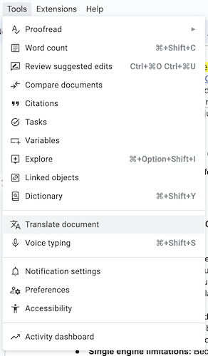 google docs - menu outils