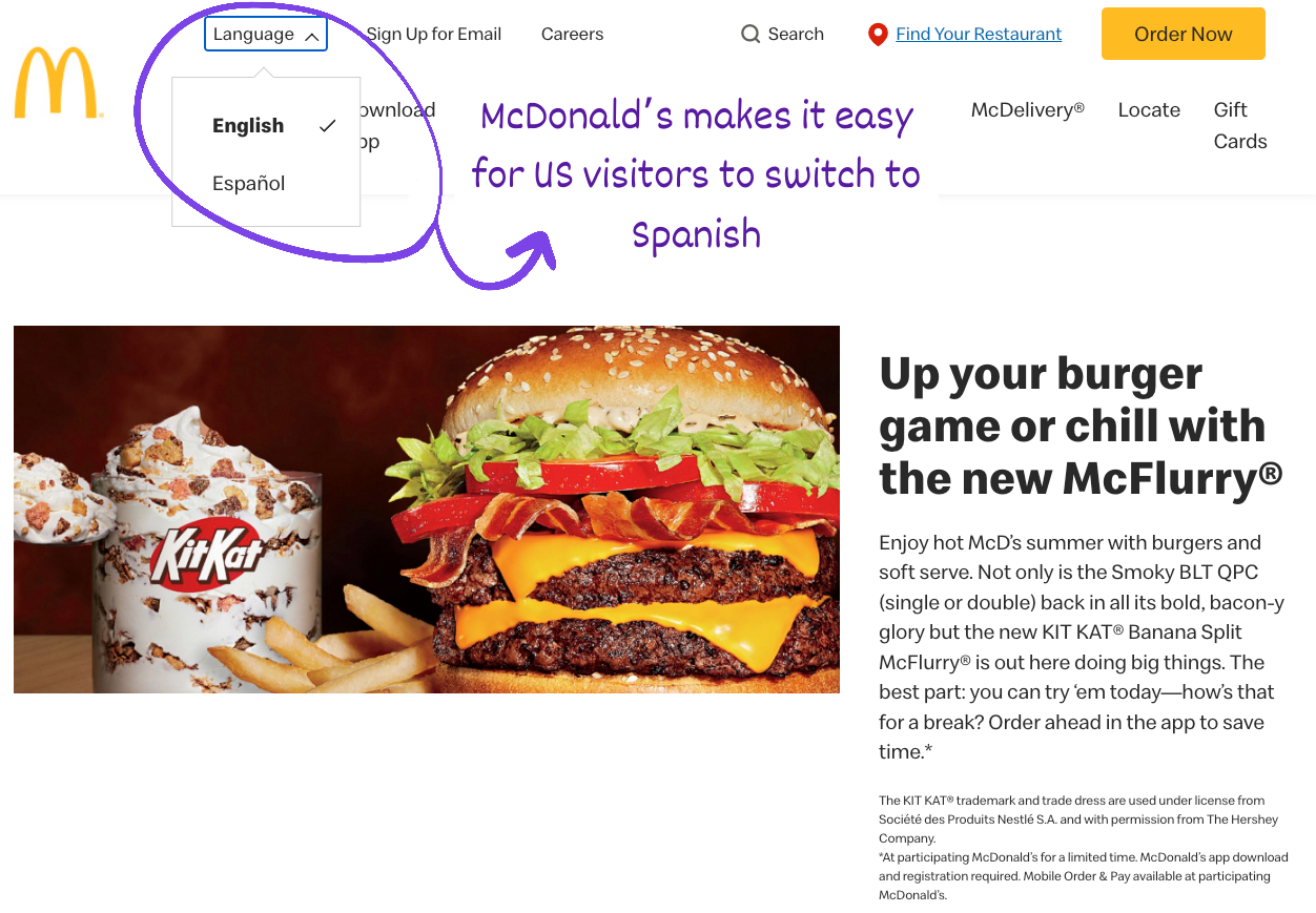 Un exemple d'options UX multilingues (source : page d'accueil de McDonald's)
