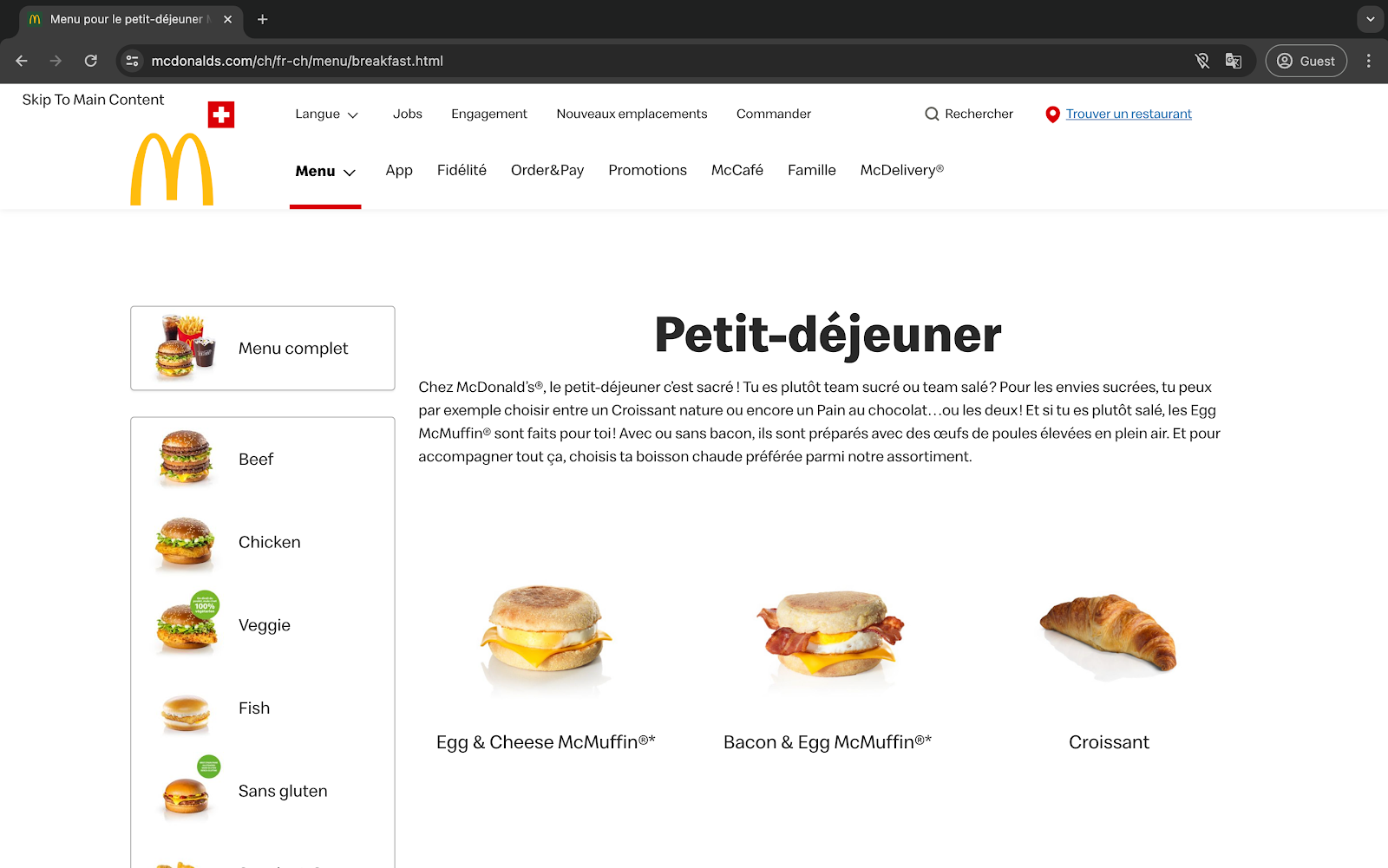 Menu petit-déjeuner McDonalds en français