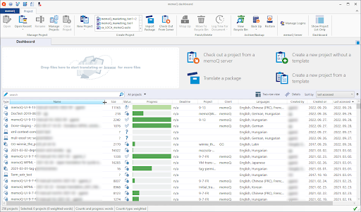 MemoQ Translator Pro Tableau de bord