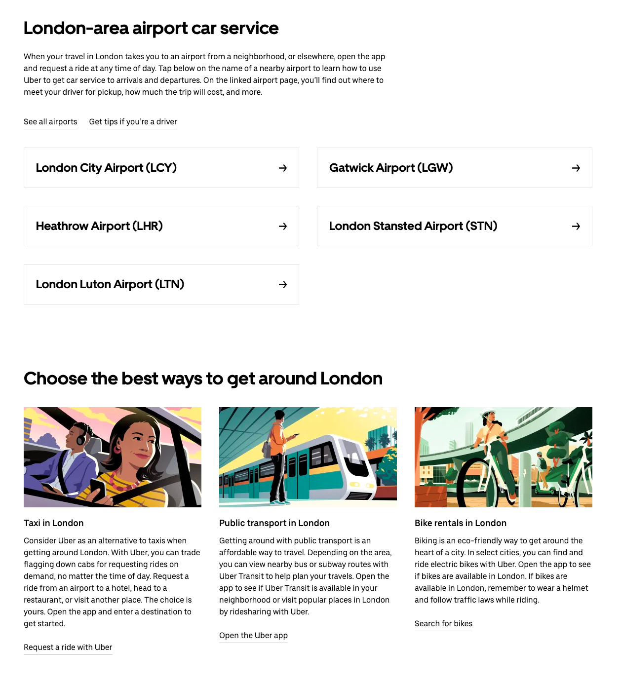 Page d'accueil d'Uber à Londres